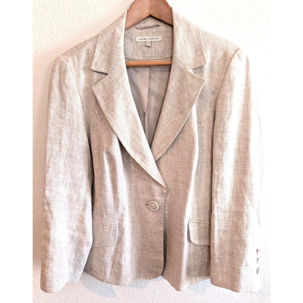 Laura Ashley Women Beige 100% Linen Single Button Blazer Jacket Size 12